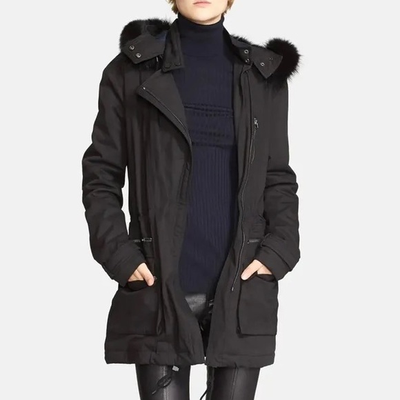 Vince $995 Fur Trimmed Hooded Black Parka Jacket Size Large - Picture 4 of 5